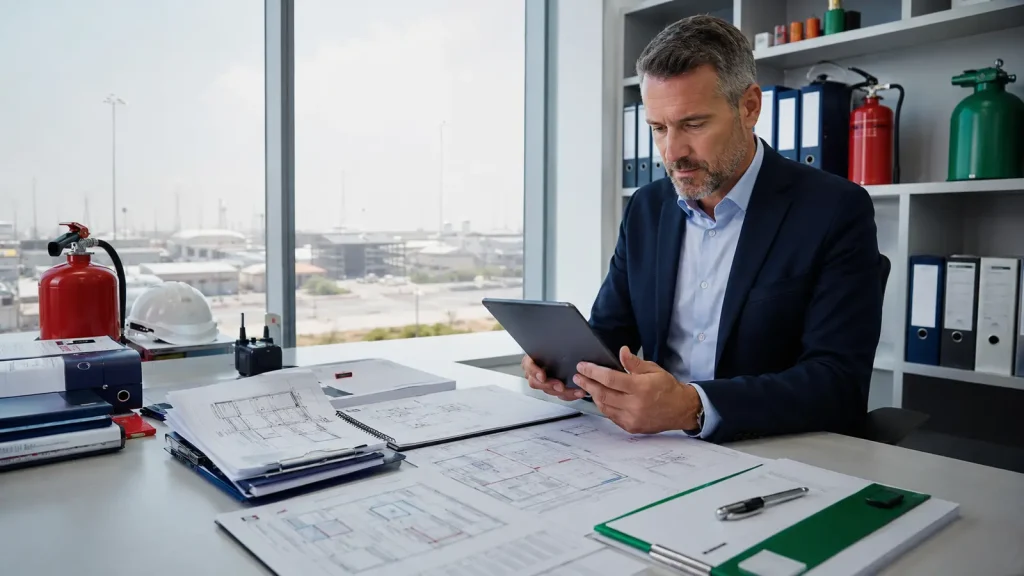 Fire safety consultant reviewing Abu Dhabi Civil Defence and hazardous materials submission documents