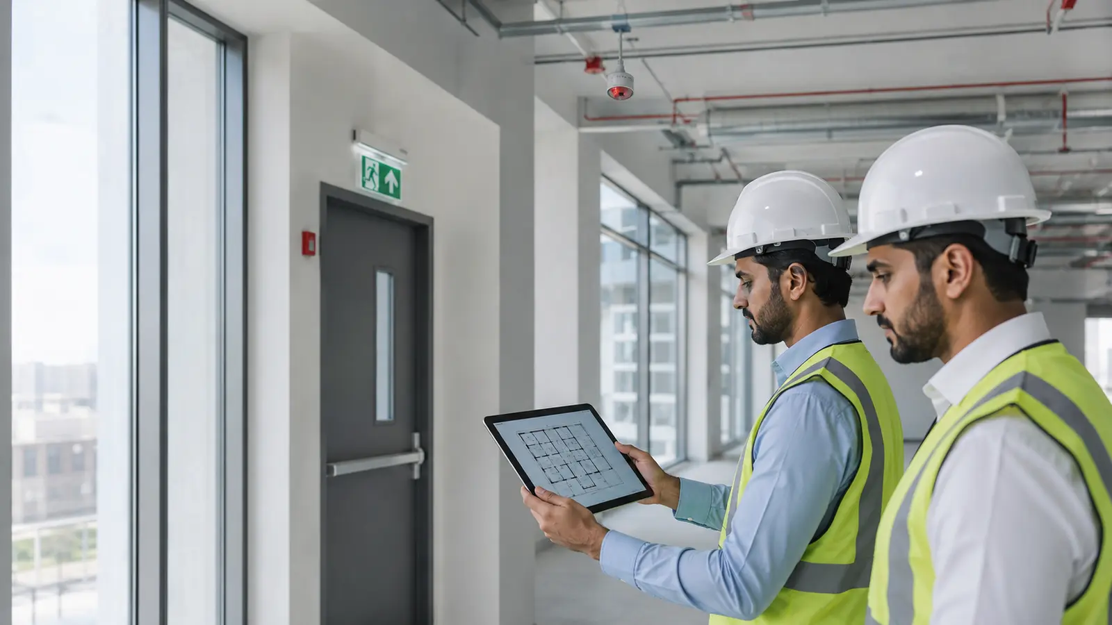 Engineers checking as-built architectural and fire life safety drawings inside an Abu Dhabi building