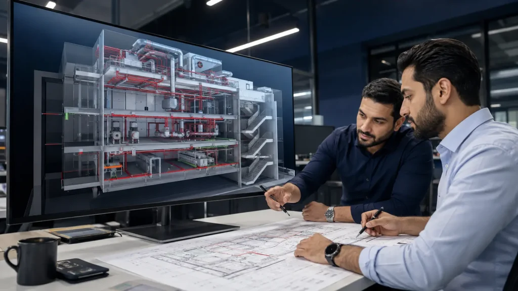 Engineers coordinating fire protection and smoke ventilation shop drawings for an Abu Dhabi building