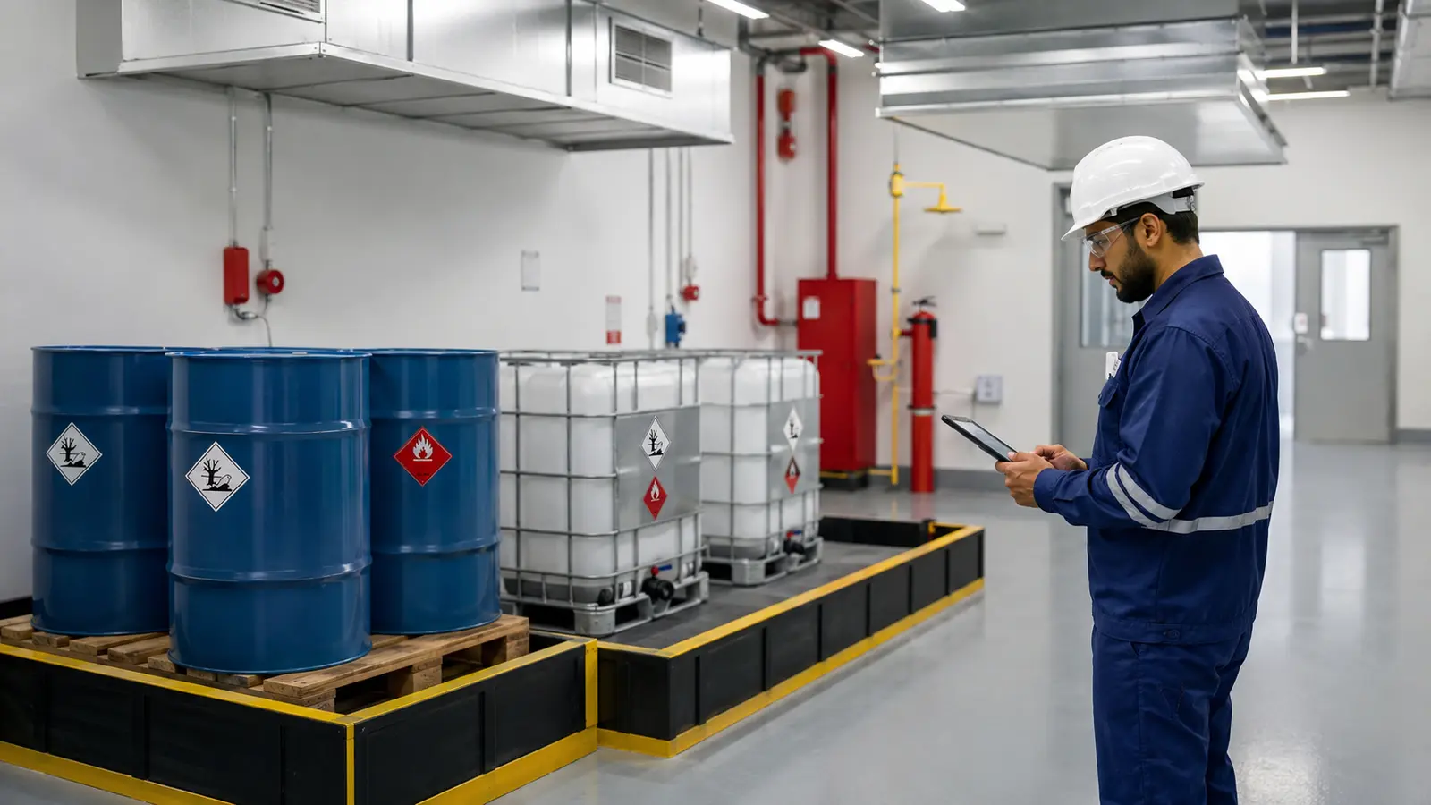 Safety engineer inspecting segregated hazardous chemical and flammable liquid storage in Abu Dhabi