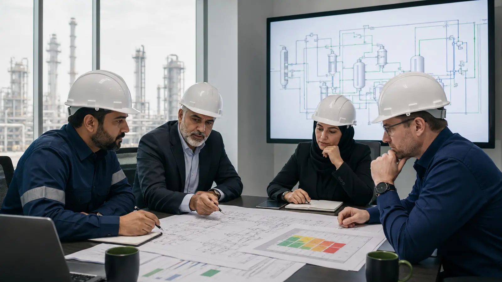 Multidisciplinary engineering team conducting a HAZOP and HAZID risk assessment workshop in Abu Dhabi