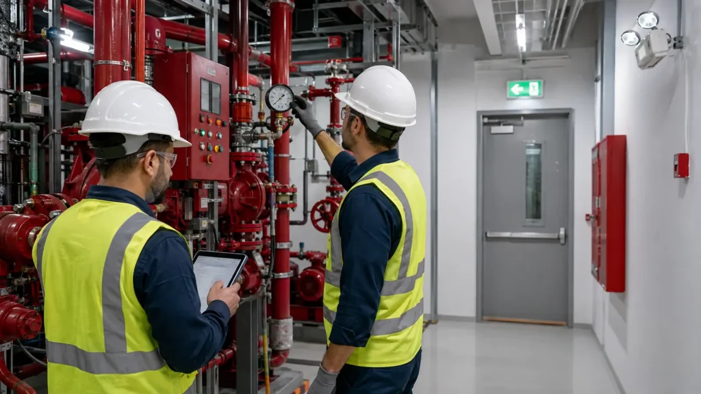 Third-party House of Expertise engineers inspecting fire protection systems in an Abu Dhabi building