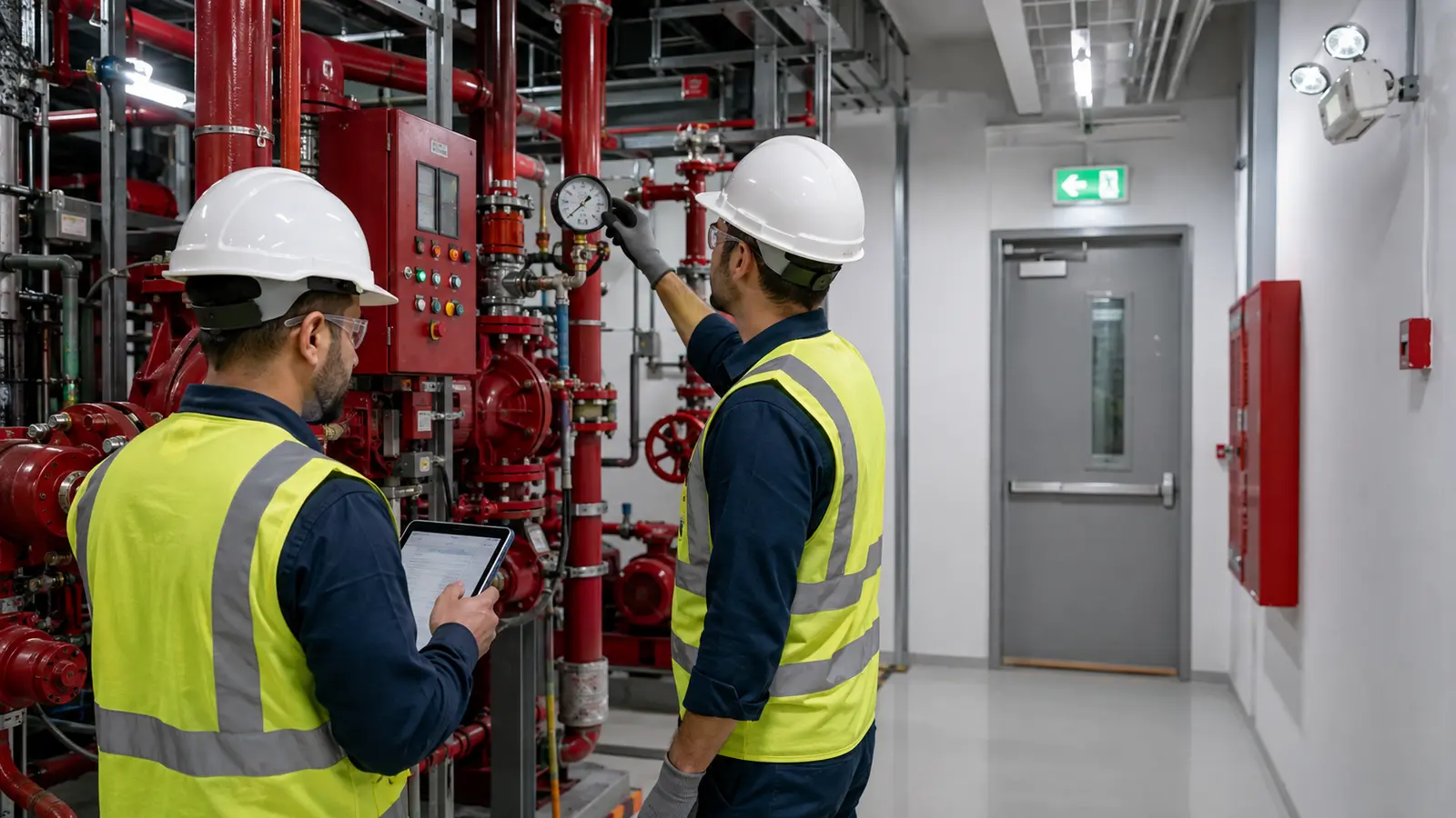 Third-party House of Expertise engineers inspecting fire protection systems in an Abu Dhabi building