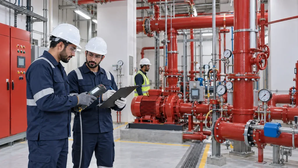Fire protection engineers testing a fire pump installation in an Abu Dhabi pump room