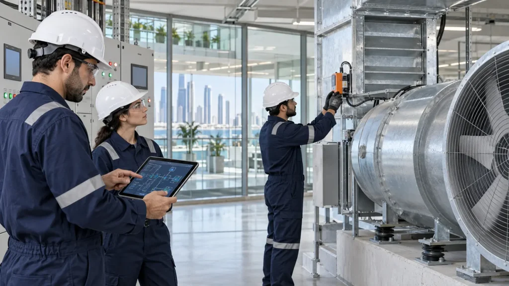 Engineers carrying out integrated smoke control and cause-and-effect testing in an Abu Dhabi building