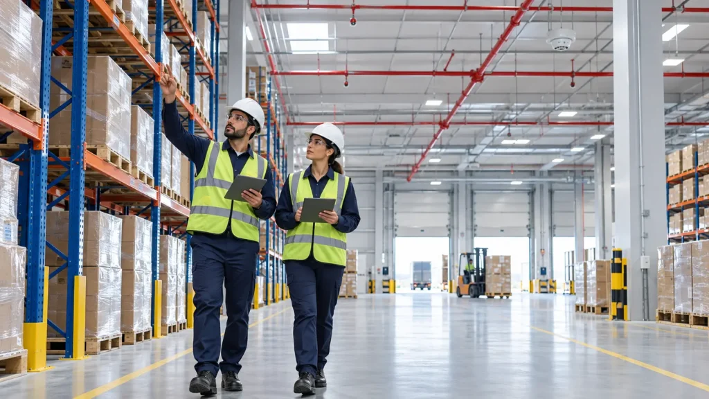 Fire safety engineer reviewing high-bay warehouse storage and sprinkler protection in Abu Dhabi